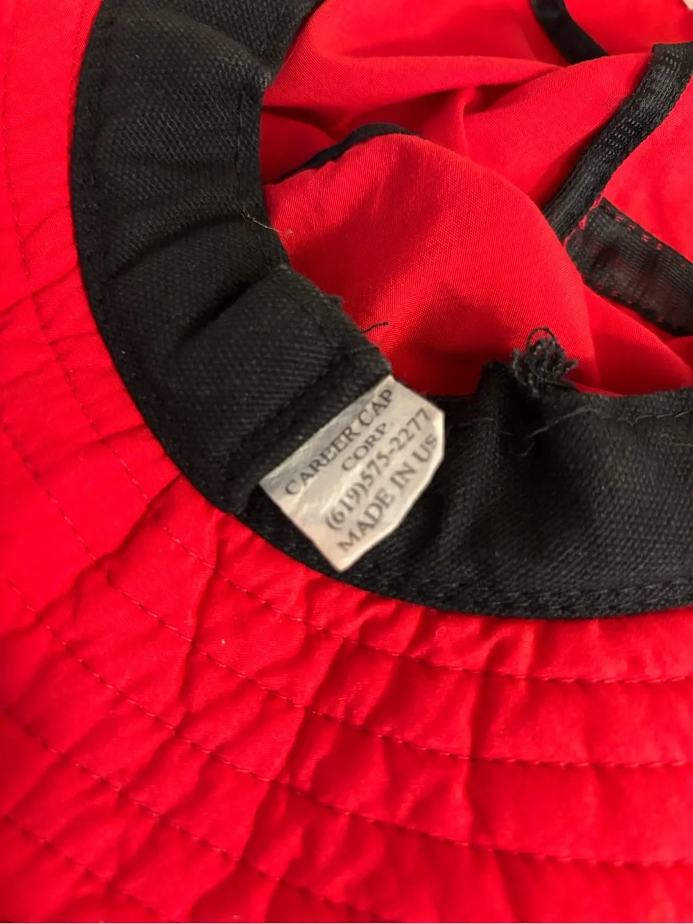 Red Sun/Garden Hat with Wide Brim and Iron Girl Logo w/ Flower Fits Size Small
